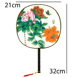 Веер круглый Туаньшань Ткань Шелкография Китайские мотивы 21/32 см Белый фон (27435)