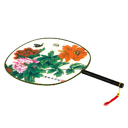 Веер круглый Туаньшань Ткань Шелкография Китайские мотивы 21/32 см Белый фон (27435)