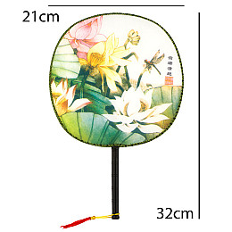 Веер круглый Туаньшань Ткань Шелкография Китайские мотивы 21/32 см Белый фон (27436)
