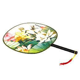 Веер круглый Туаньшань Ткань Шелкография Китайские мотивы 21/32 см Белый фон (27436)