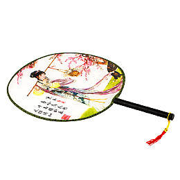 Веер круглый Туаньшань Ткань Шелкография Китайские мотивы 21/32 см Белый фон (27438)