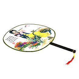 Веер круглый Туаньшань Ткань Шелкография Китайские мотивы 21/32 см Белый фон (27440)