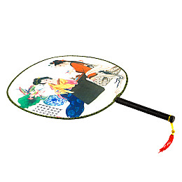 Веер круглый Туаньшань Ткань Шелкография Китайские мотивы 21/32 см Белый фон (27442)