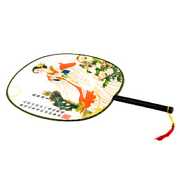 Веер круглый Туаньшань Ткань Шелкография Китайские мотивы 21/32 см Белый фон (27444)