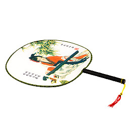 Веер круглый Туаньшань Ткань Шелкография Китайские мотивы 21/32 см Белый фон (27445)