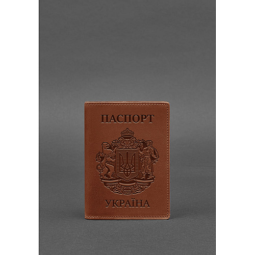 Кожаная обложка для паспорта с украинским гербом светло-коричневая BlankNote