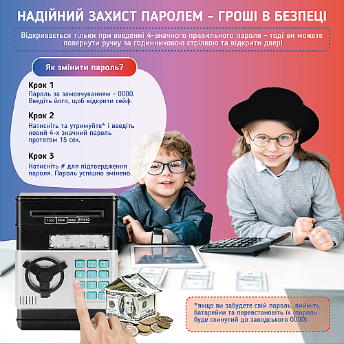 Копилка детский сейф с кодовым замком и купюроприемником A1 для бумажных денег и монет черный