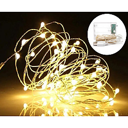 Гірлянда Нитка Led 100 дріт 10 м Теплий Білий 1 режим USB + батарейка Decorative Light 218-21528274