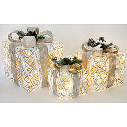 Набір декоративних подарунків - 3 коробки 15х20см, 20х25см, 25х30см з LED-підсвіткою, білий з бежевими бантами BonaDi