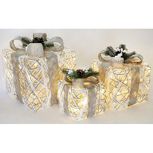 Декоративная композиция - 3 коробки 15х20см, 20х25см, 25х30см с LED-подсветкой, белый с бежевыми бантами BonaDi