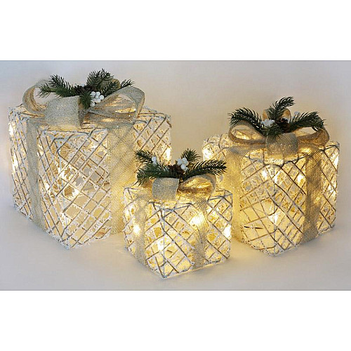 Декоративная композиция - 3 коробки 15х20см, 20х25см, 25х30см с LED-подсветкой, белый с бежевым и хвоей BonaDi