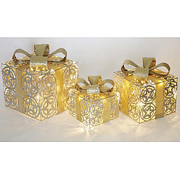 Набір декоративних подарунків - 3 коробки 12.5см, 16.5см, 20см з LED-підсвіткою, шампань з золотом BonaDi DP69613