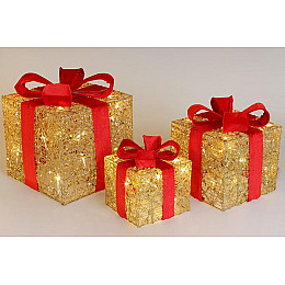 Набір декоративних подарунків 3 шт 15см, 20см, 25см з підсвічуванням золотого з червоним BonaDi DP99089