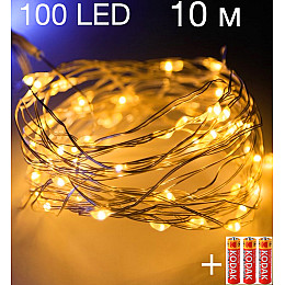 Гирлянда светодиодная нить роса LED 100 на батарейках 3 шт AAA 10 м Теплый белый цвет Gold (724145) (523543)