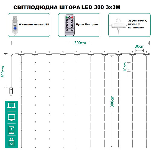 Светодиодные шторы для спальни с дистанционным пультом UKC 8 режимов 3х3 м 300 светодиодов (714450)