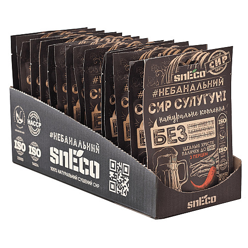 Сир сушений хрусткий спінений snEco ShowBox 15 шт Сулугуні з перцем 30г