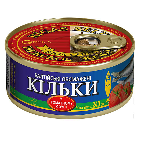 Килька балтийская обжаренная в томатном соусе Рижское золото 240 г (4820062446563)