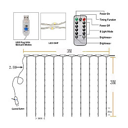 Світлодіодна гірлянда занавіс LT Роса 3*3 м 300LED USB WW Жовтий (344449)