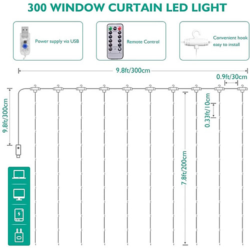 Світлодіодна водонепроникна гірлянда-завіса штора Sunnest 3*3м 300LED USB з пультом (SUN-300L)