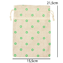 Мешочек подарочный на затяжке Зеленые Цветочки Лён Кружево 21.5х15.5 см Gala day Натуральный бежевый (27609)