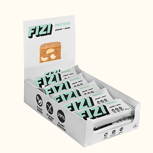 Протеиновый батончик без глютена FIZI Peanut cacao 29% 45 г х 10 шт Растительный протеин (4820262540054)