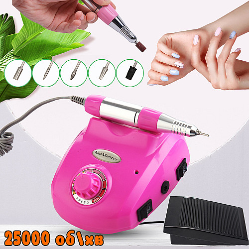 Фрезер-машинка для маникюра и педикюра с педалью Beauty nail 9-1 DM-208 коррекции искусственных ногтей 6 насадок 25 т об/мин Розовая
