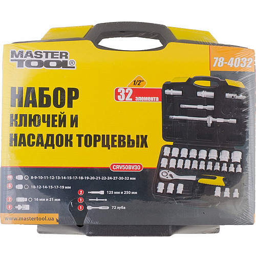 Набор насадок торцевых MASTERTOOL PROFI CrV 1/2" 8-32 мм 32 шт (78-4032)