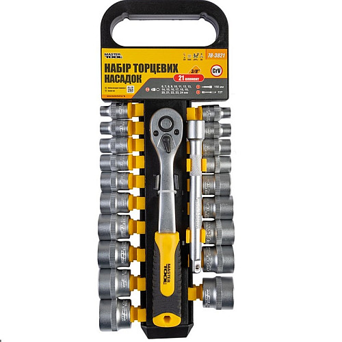 Набор насадок торцевых MASTERTOOL CRV 3/8" 6-24 мм удлинитель 150 мм 21 шт (78-3821)
