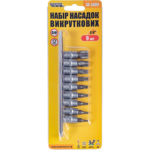 Набор насадок отверточных MASTERTOOL CRV 1/4" TORX 9 шт Т10/15/20/27/30/40/45/50/60 (78-1400)