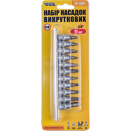 Набор насадок отверточных MASTERTOOL CRV 1/4" 11 шт PH1/2/3/PZ1/2/3/H3/4/5/6/7 (78-1401)
