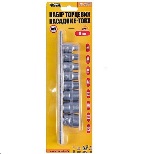 Набор насадок торцевых MASTERTOOL CRV E-TORX 3/8" E8-E20 8 шт (78-3808)