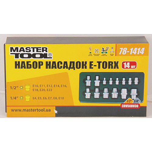 Набор насадок торцевых MASTERTOOL CRV E-TORX 14 шт 1/4"-4/5/6/7/8/10 мм 1/2"-10/11/12/14/16/18/20/22 мм (78-1414)