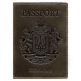 Кожаная обложка для паспорта с гербом Украины (темно-коричневая)
