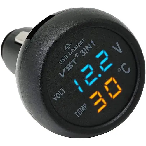 Автомобільний годинник з термометром і вольтметром VST-706-5 в прикурювач USB Black (3_00471)