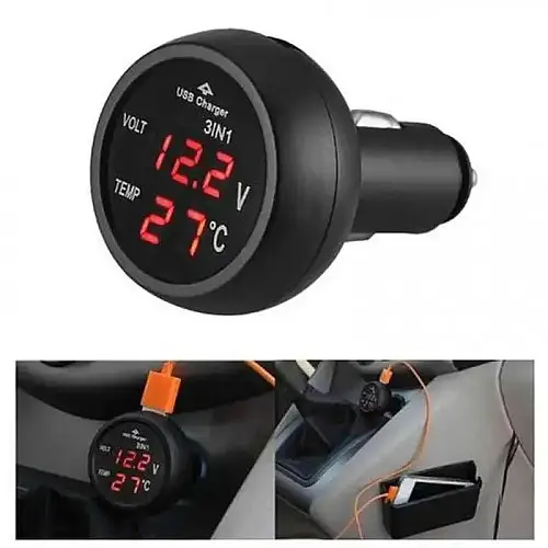 Автомобільний вольтметр з термометром + USB зарядка VST 706 від прикурювача Black/Red (10698-hbr)