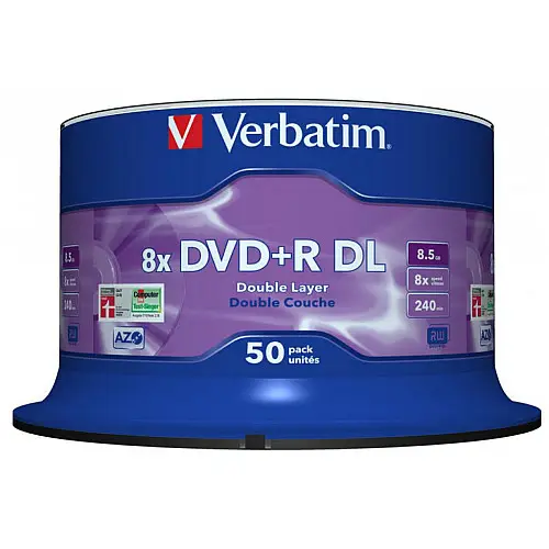 Диск DVD Verbatim 8.5Гб 8X CakeBox 50 шт MATT SILVER SURFACE (43758)