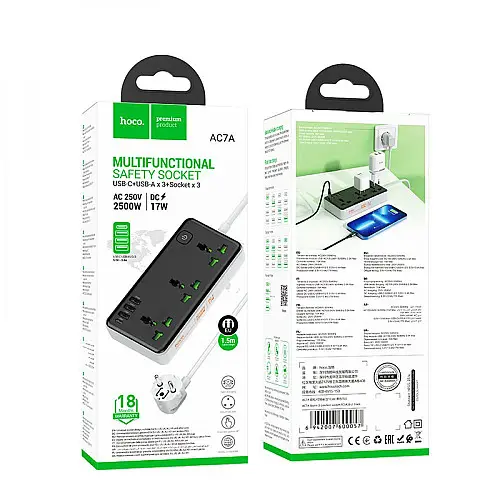 Удлинитель сетевой Hoco AC7A Multifunctional 3USB 1Type-C,PD 17W 3.4A 1.5m Black