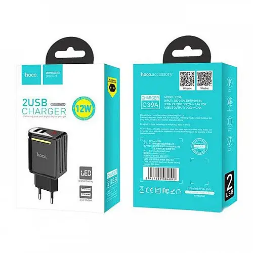 Мережевий адаптер Hoco C39A 2USB з дисплеєм Black