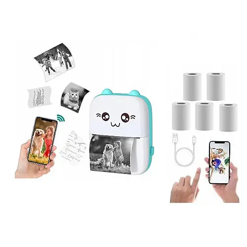 Портативный термопринтер OldBro Bambi Cat Mini printer Blue 5 рулонов самоклеющейся термобумаги