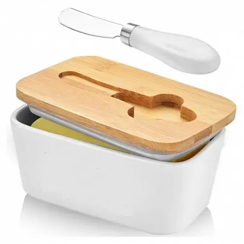 Масленка с ножом керамическая с бамбуковой крышкой Mine Cooking House 650 мл Белый (hub_c6ebcp)