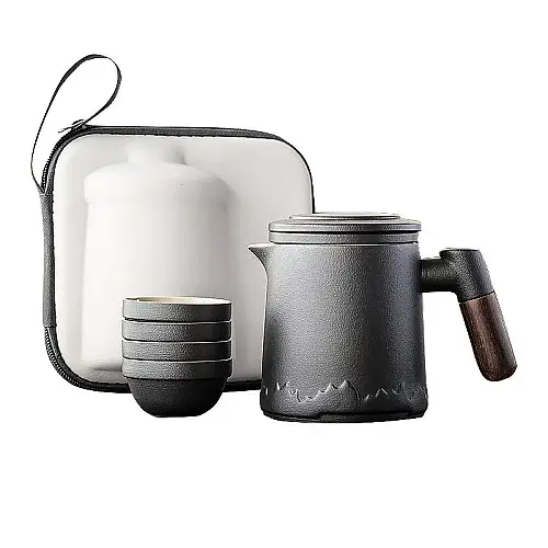 Дорожный чайный набор Lesko заварник + 4 пиал с чехлом 350 ml Black керамический для пуэра (12274-69363)