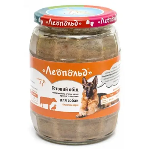 Влажный корм для собак Леопольд Готовый обед из телятиной и мясом утки рис овощи 670г банка 6шт/уп