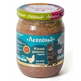 Консервований корм Леопольд М'ясні делікатеси з куркою для котів скляна банка 500 г
