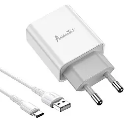 Сетеве зарядний пристрій Avantis A825 (1USB/2.1A) + USB кабель Type-C-білий