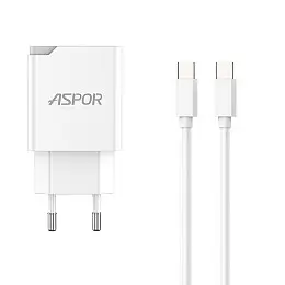 Сетеве зарядний пристрій Aspor A826 PD (20W/USB/Type-C) + кабель Type-C – Type-C - білий