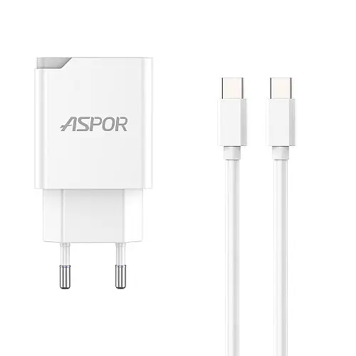 Сетеве зарядний пристрій Aspor A826 PD (20W/USB/Type-C) + кабель Type-C – Type-C - білий