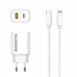 Сетевий зарядний пристрій Aspor A806 Fast Charger (USB/USB-C/3A/33W) + кабель Type-C – Lightning - білий