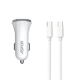 Автомобільне зарядне пристрій Aspor A906 PD (USB-C/3A/20W) + кабель Type-C – Type-C - білий