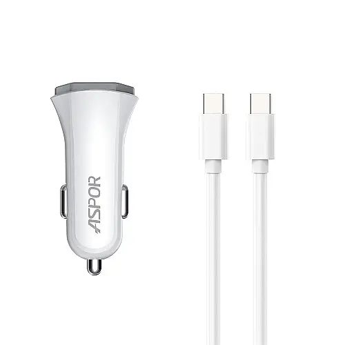Автомобільне зарядне пристрій Aspor A906 PD (USB-C/3A/20W) + кабель Type-C – Type-C - білий