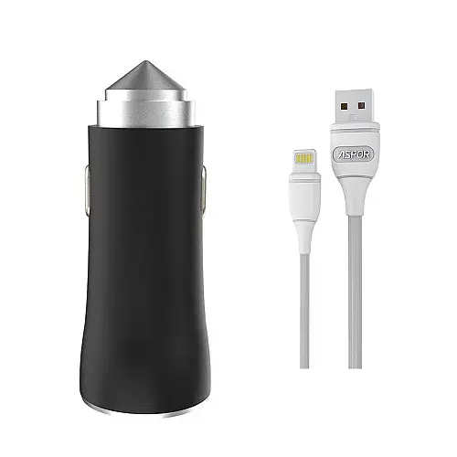 Автомобільне зарядне пристрій Aspor A918 Metal LED (2USB/3.4A) + кабель USB – Lightning - чорний